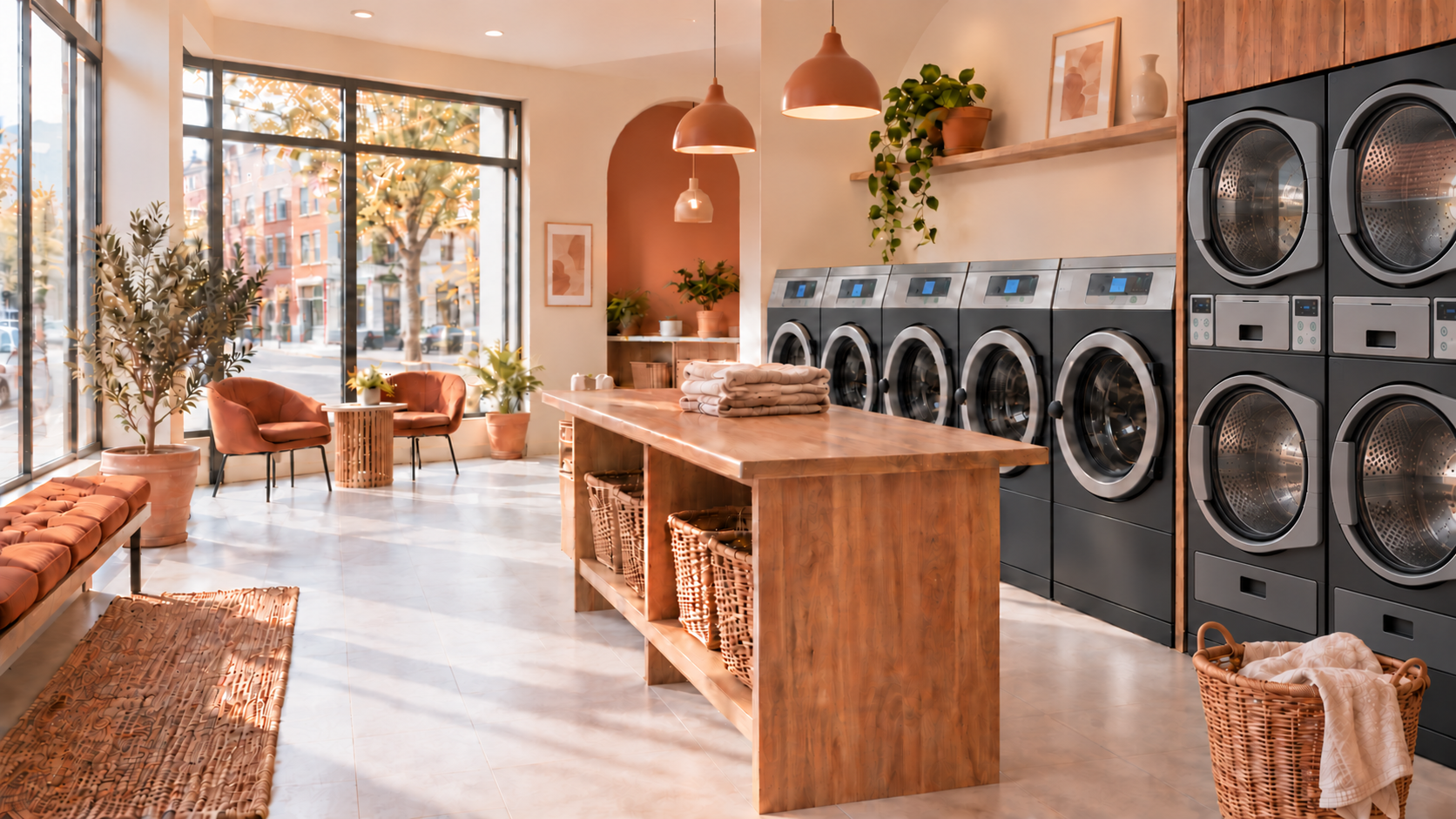 Intérieur chaleureux d'une laverie libre-service moderne équipée de machines anthracite